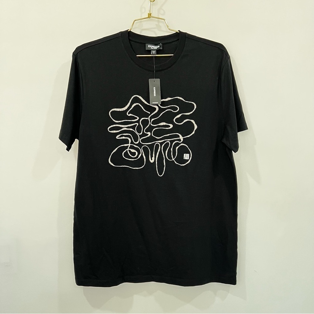 Express Pima Cotton Crew-Neck Black T-Shirt Tan Embroidery Size Medium